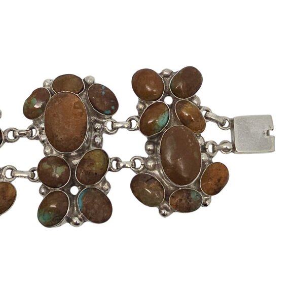 Native American Sterling Silver Brown Turquoise Wide Cluster Link Bracelet 19773 - Picture 5 of 10